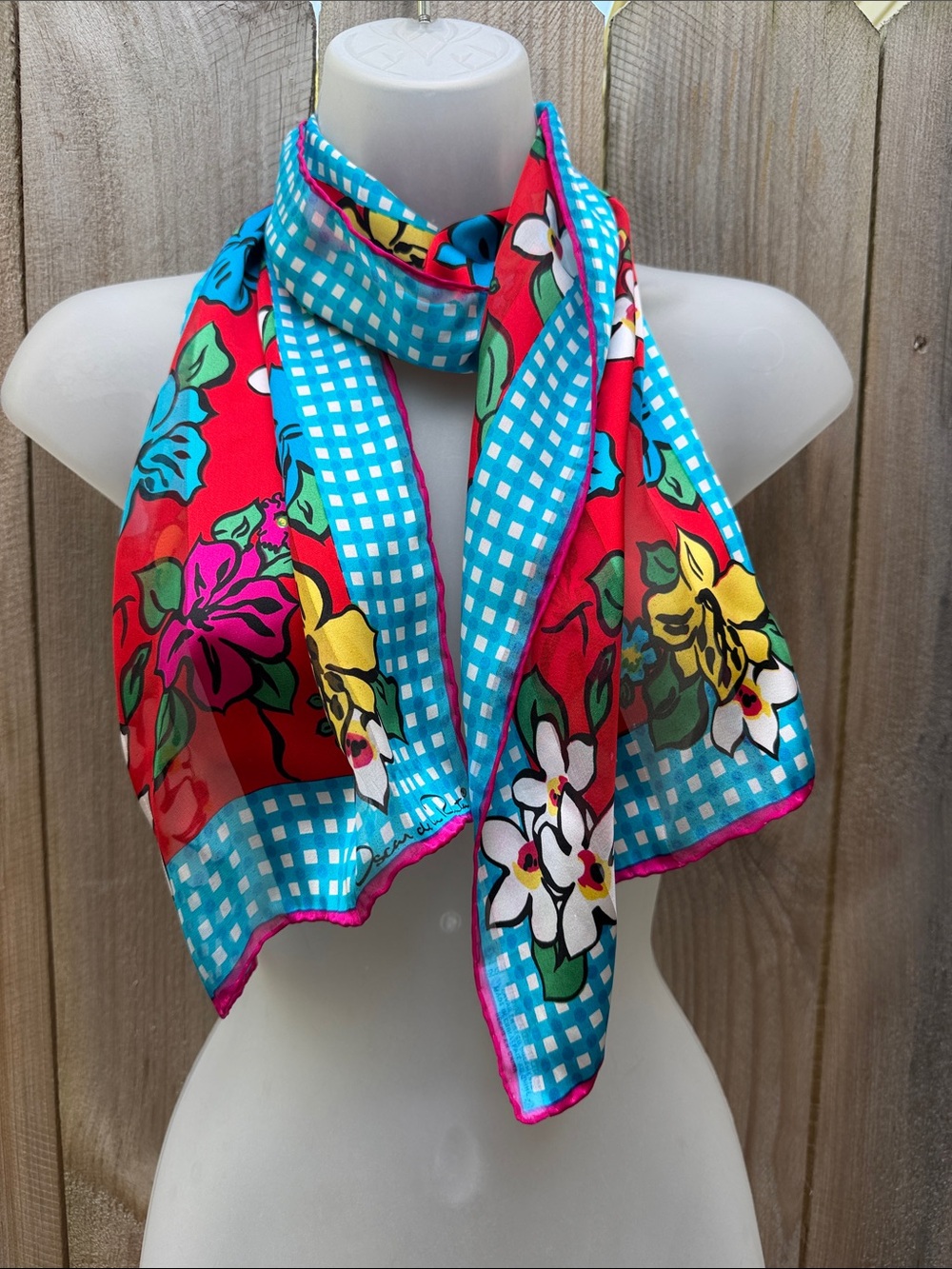 Oscar de la Renta Vintage Silk Scarf Vibrant Floral Gingham Check Border